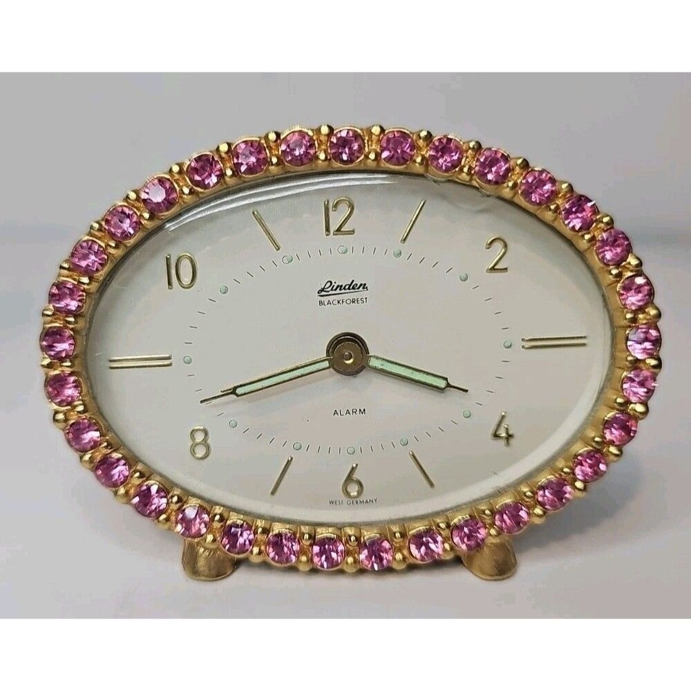 Vintage Linden Black Forest West Germany Pink Rhinestone Wind Up Alarm Clock
